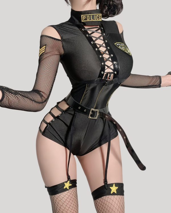 Black police-themed lingerie set with fishnet sleeves and stockings on a plain background
