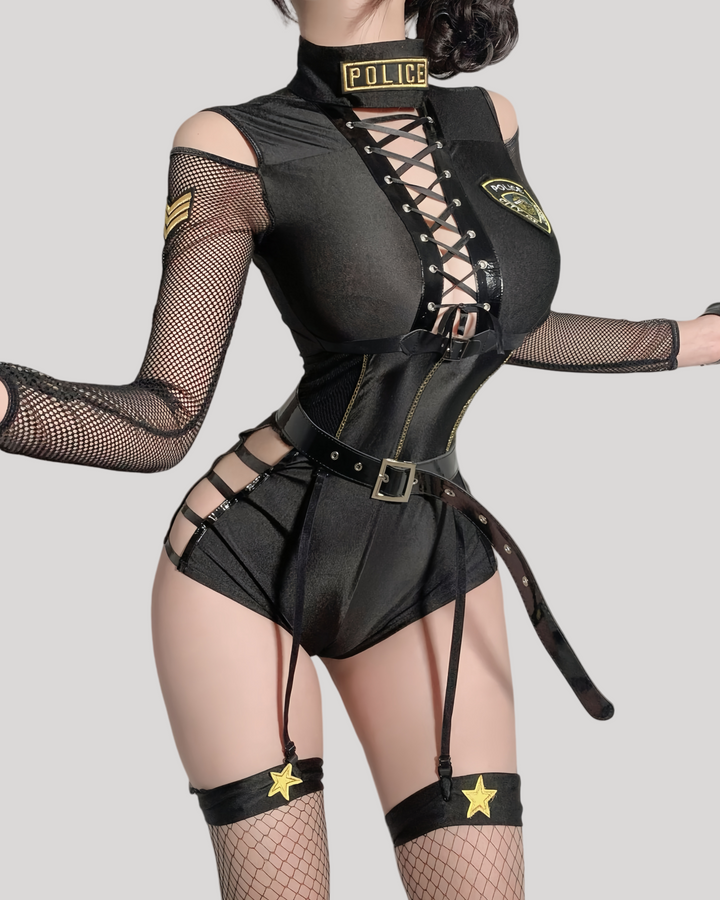 Black police-themed lingerie set with fishnet sleeves and stockings on a plain background