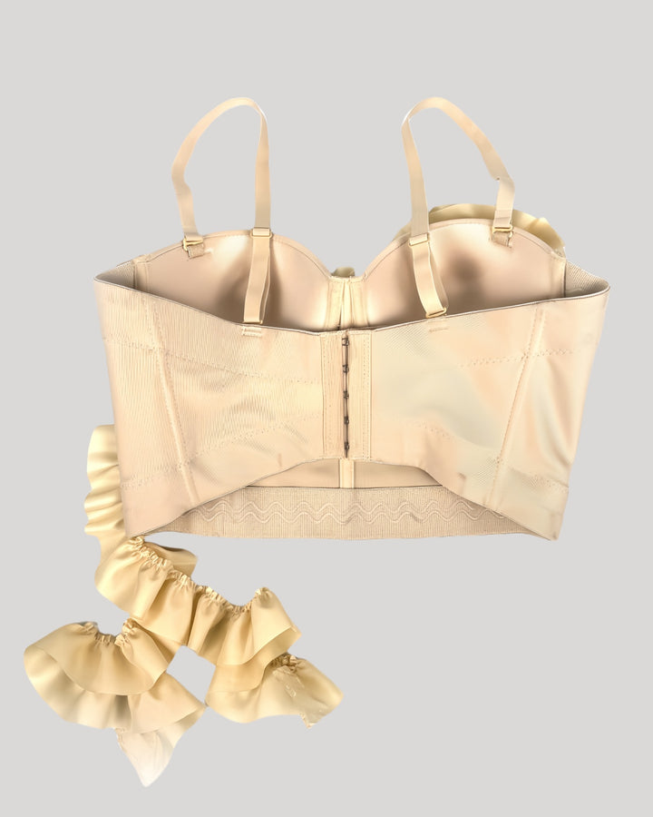 Back view of cream corset with hook closure and soft lining