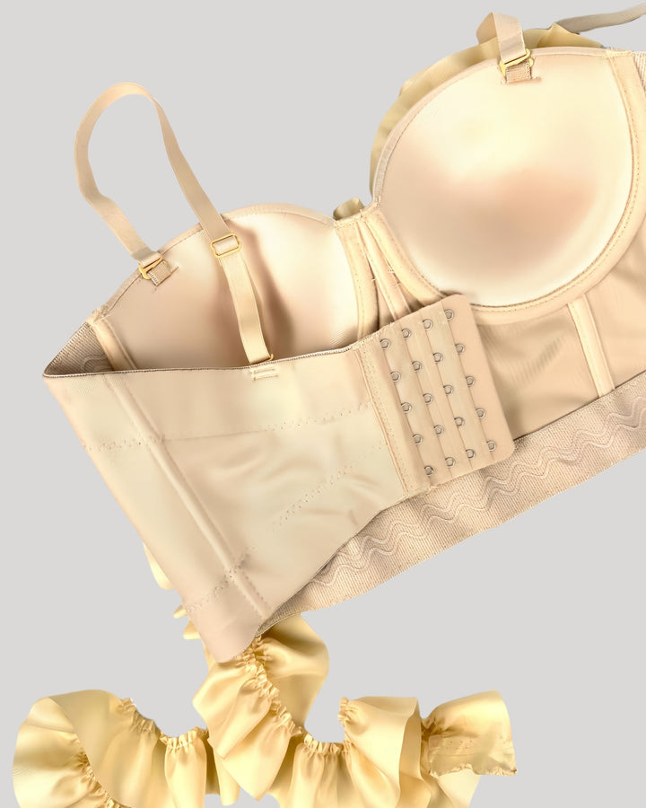 Back view of cream corset with hook closure and soft lining