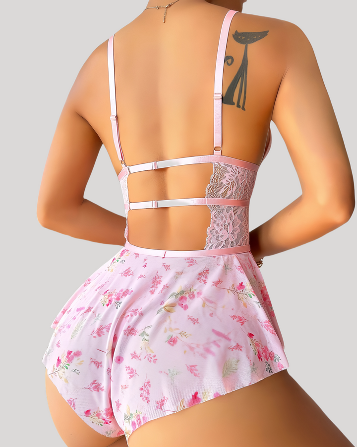 Back view of pink lace babydoll with strappy detail