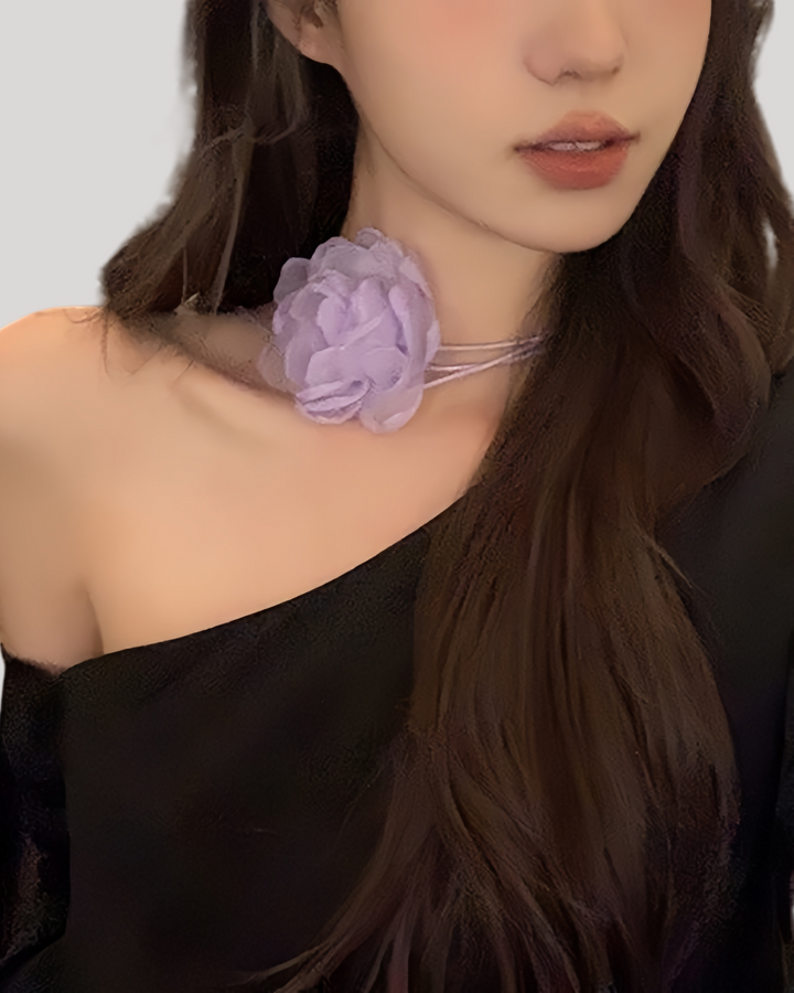 Lavender mesh rose flower choker styled with off-shoulder outfit