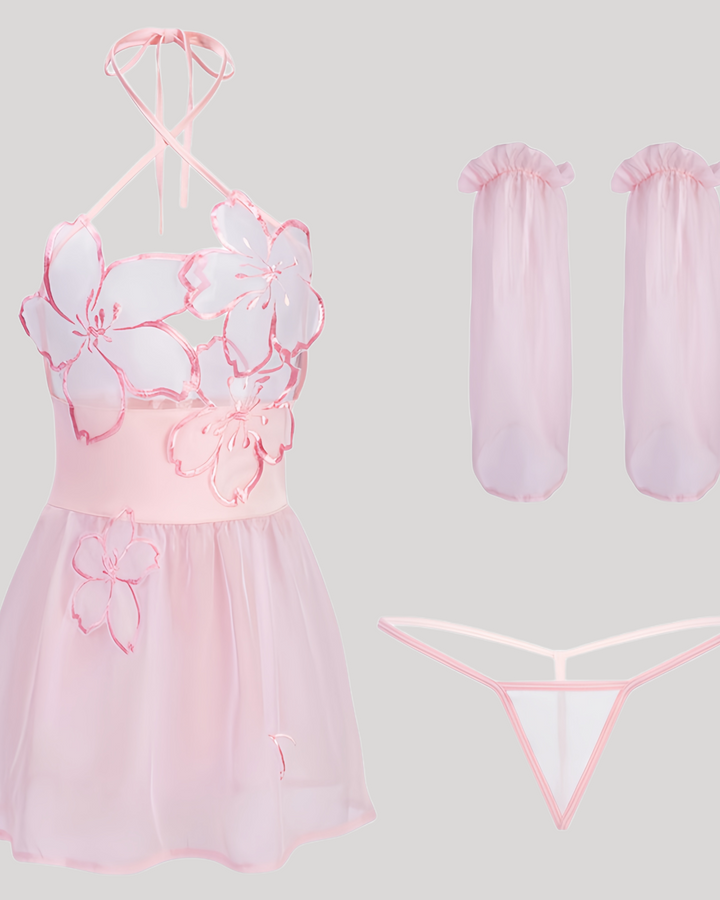 Pink blossom fantasy babydoll set with floral appliqué and matching thong displayed flat
