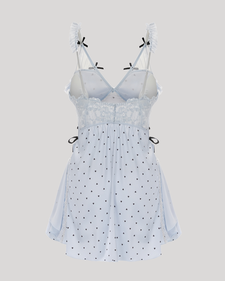 Flat lay of blue lace-up heart print babydoll