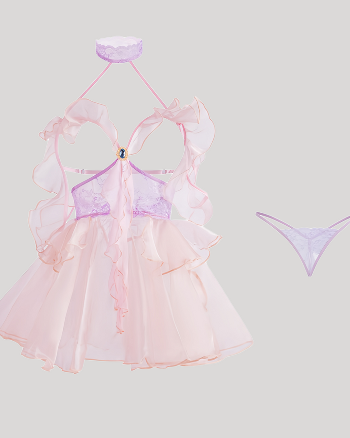Full set of princess fantasy lingerie including babydoll, lace choker, and matching thong