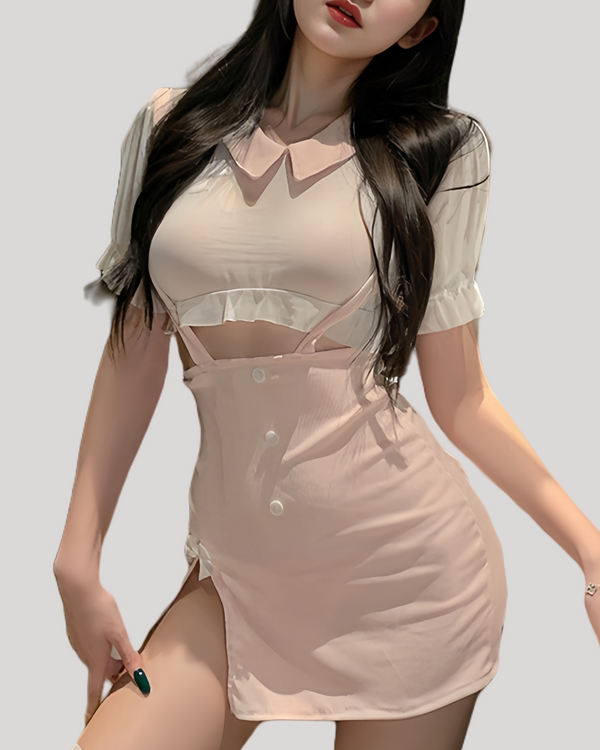 Front view of Blush Nurse Fantasy Costume worn by model with pink hat and high-slit skirt