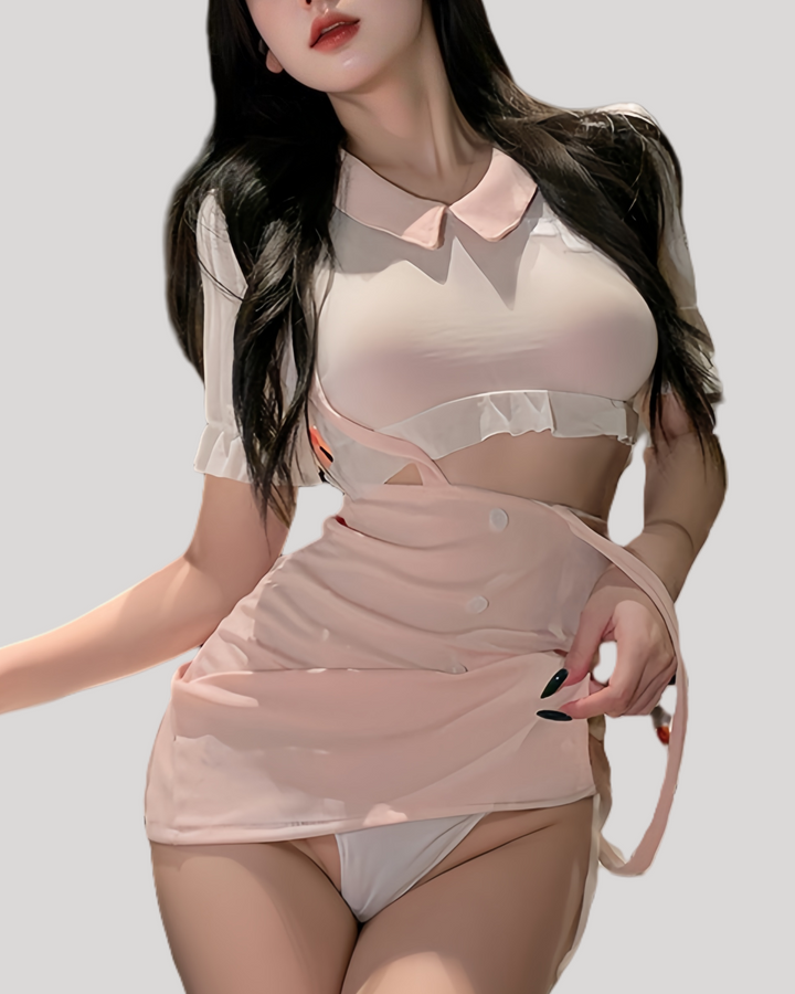 Front view of Blush Nurse Fantasy Costume worn by model with pink hat and high-slit skirt