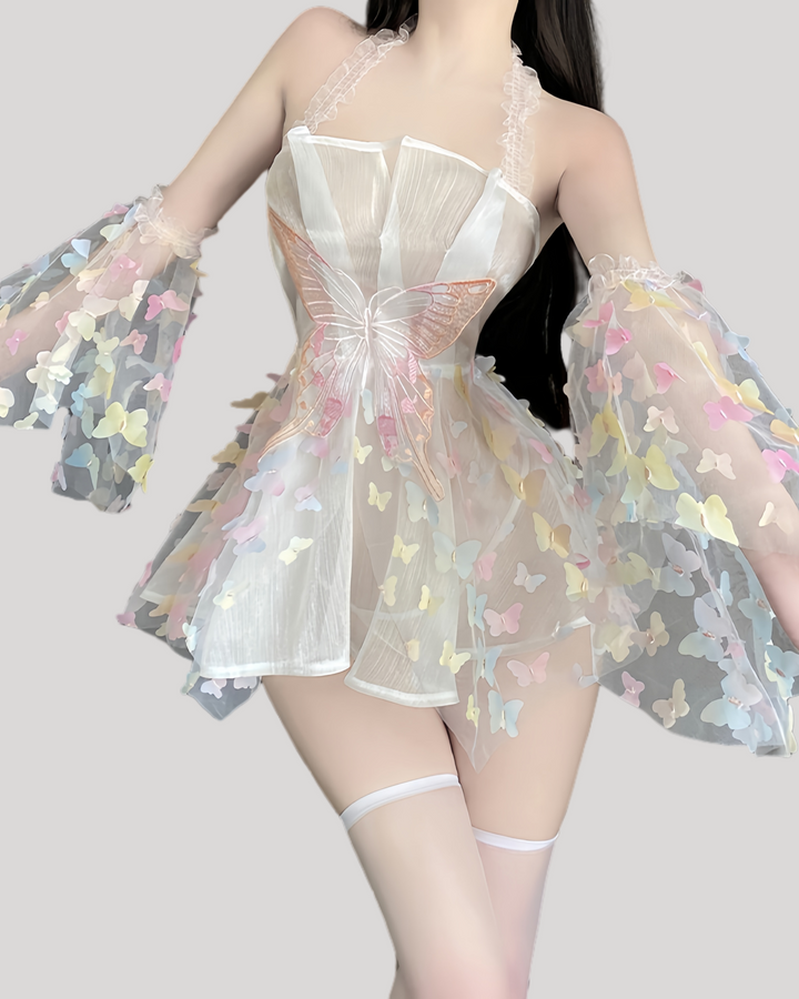 Front view of butterfly princess mesh dress with sculpted butterfly waist