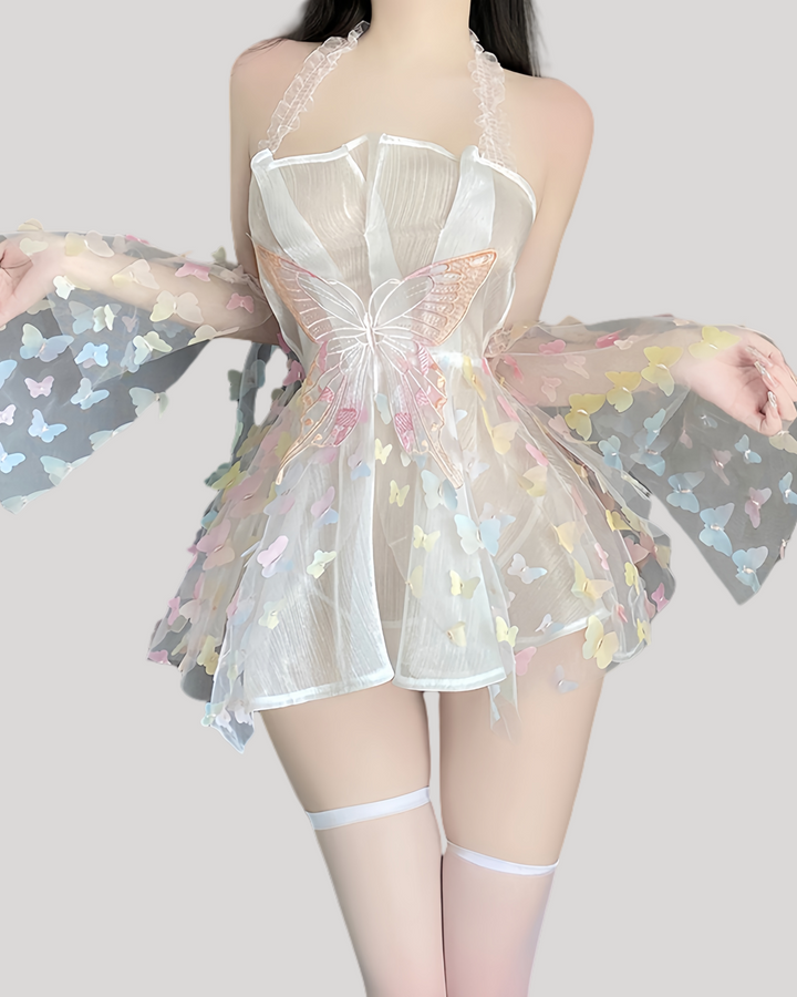 Front view of butterfly princess mesh dress with sculpted butterfly waist