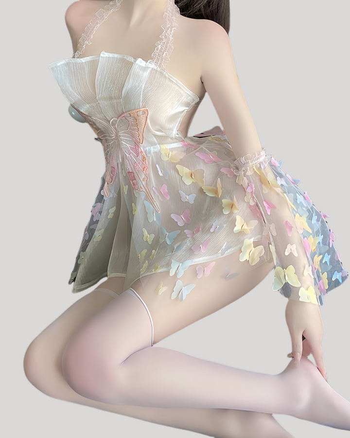 Rear view and close-up of translucent butterfly fairy cosplay outfit