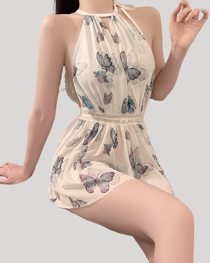 Front view of halter butterfly print babydoll with lace waistband