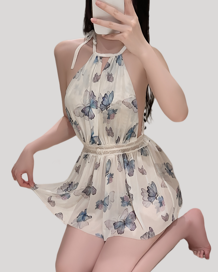 Front view of halter butterfly print babydoll with lace waistband