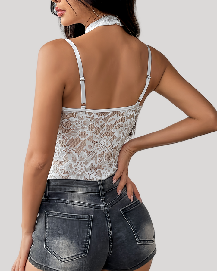 White floral lace back of bodysuit with adjustable straps