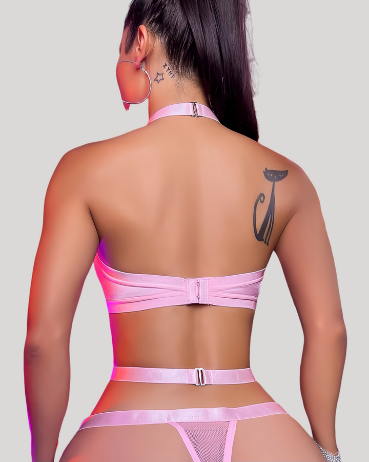 Back view of pink mesh teddy with adjustable straps and thong