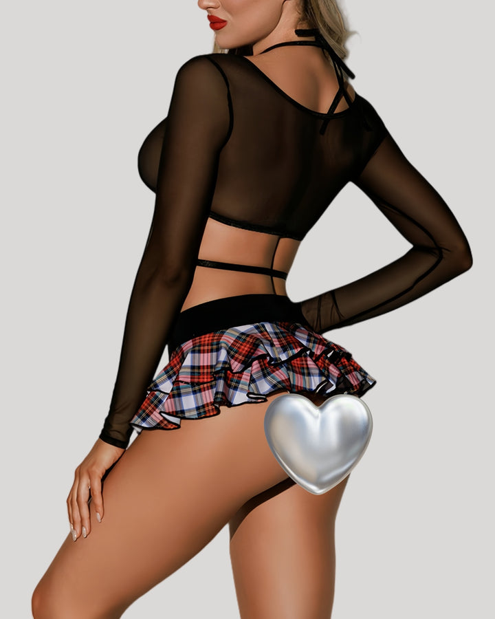 Back view of sheer long-sleeve student roleplay set