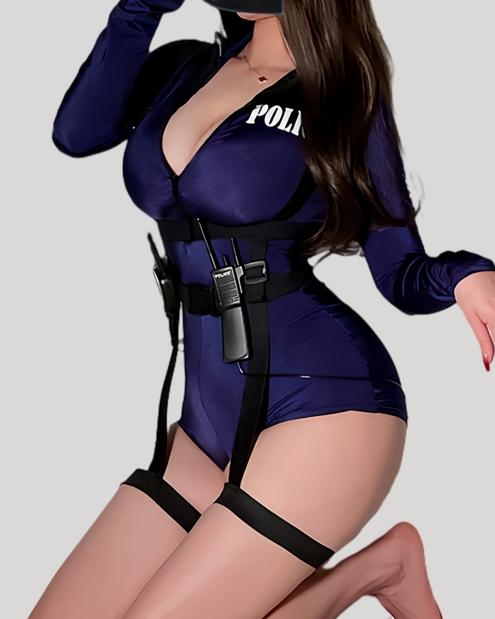 Front view of seductive police bodysuit with harness and zip neckline