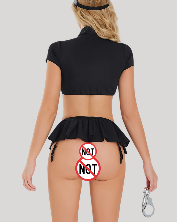 Rear view of black version of the police uniform