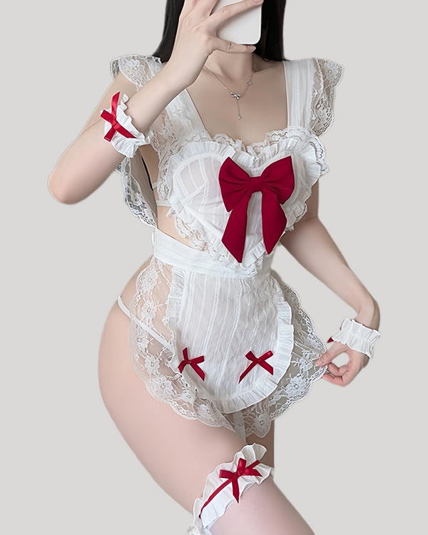 Front view of French maid lace costume with crimson bows