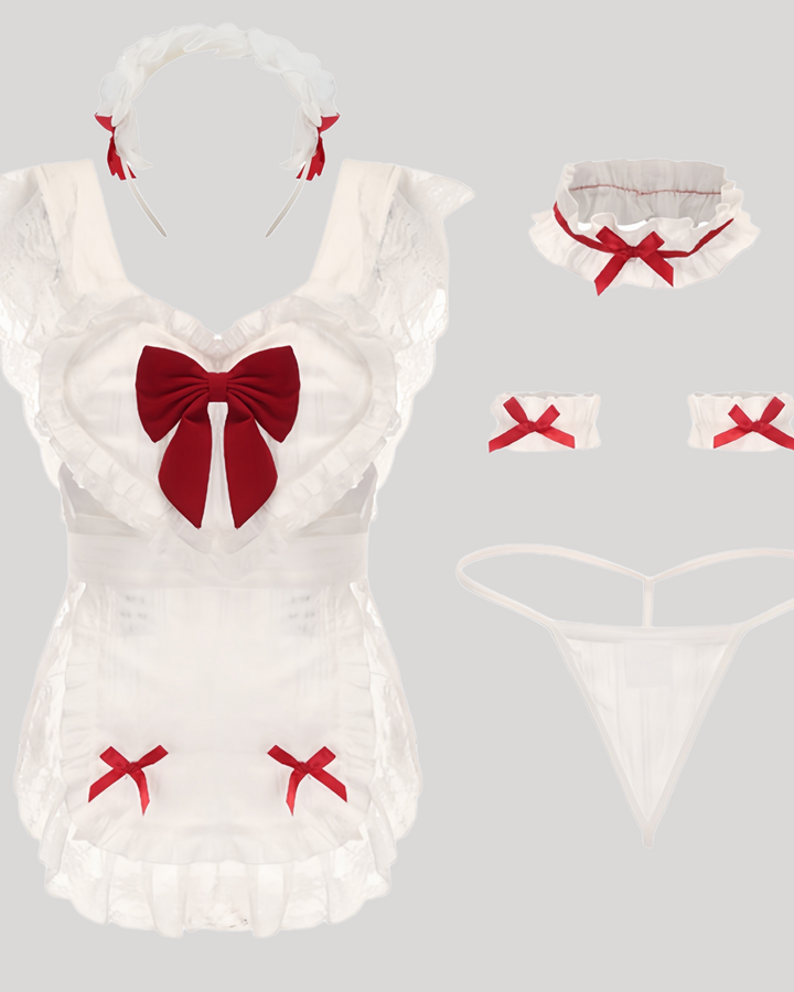 Full set display including bodysuit, thong, headband, cuffs, and garter