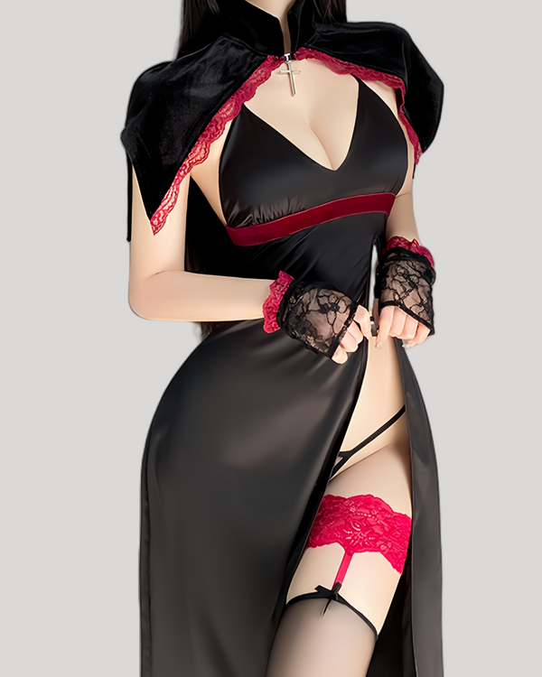 Model in high-slit black satin gown with red accents and horned headband