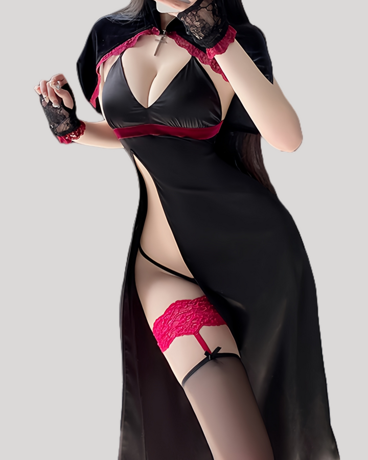 Model in high-slit black satin gown with red accents and horned headband