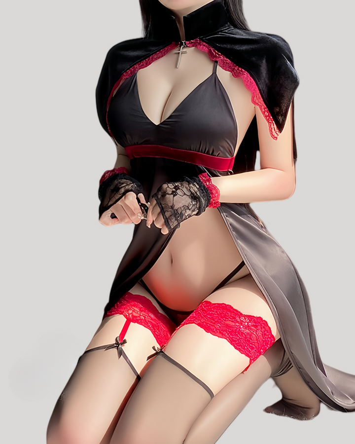 Model in high-slit black satin gown with red accents and horned headband