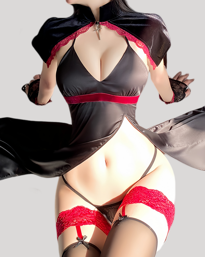 Model in high-slit black satin gown with red accents and horned headband