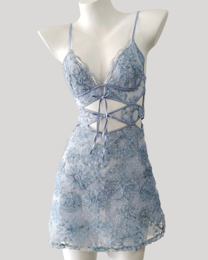 Front views of light blue embroidered babydoll nightdress with lace-up waist and floral details.