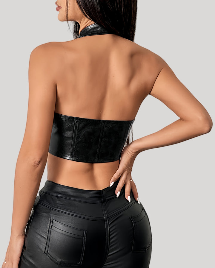 Black halter bustier top with shiny leather texture and open back