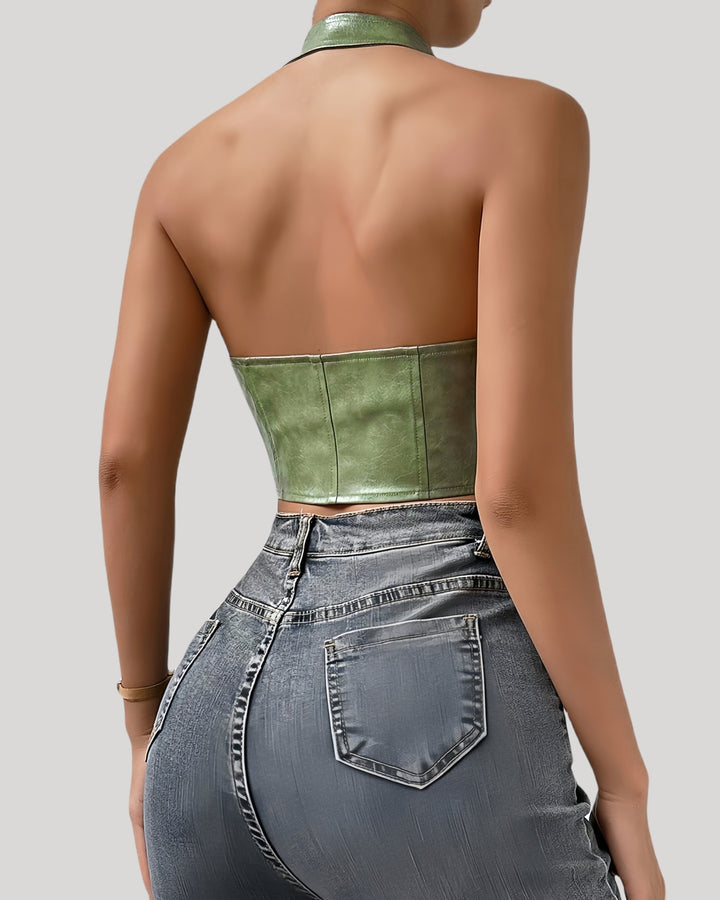 Back view of brown halter bustier showing open-back design