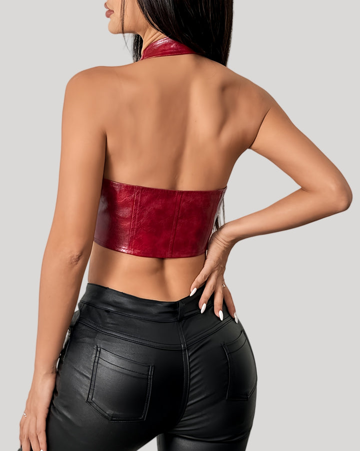 Back view of brown halter bustier showing open-back design