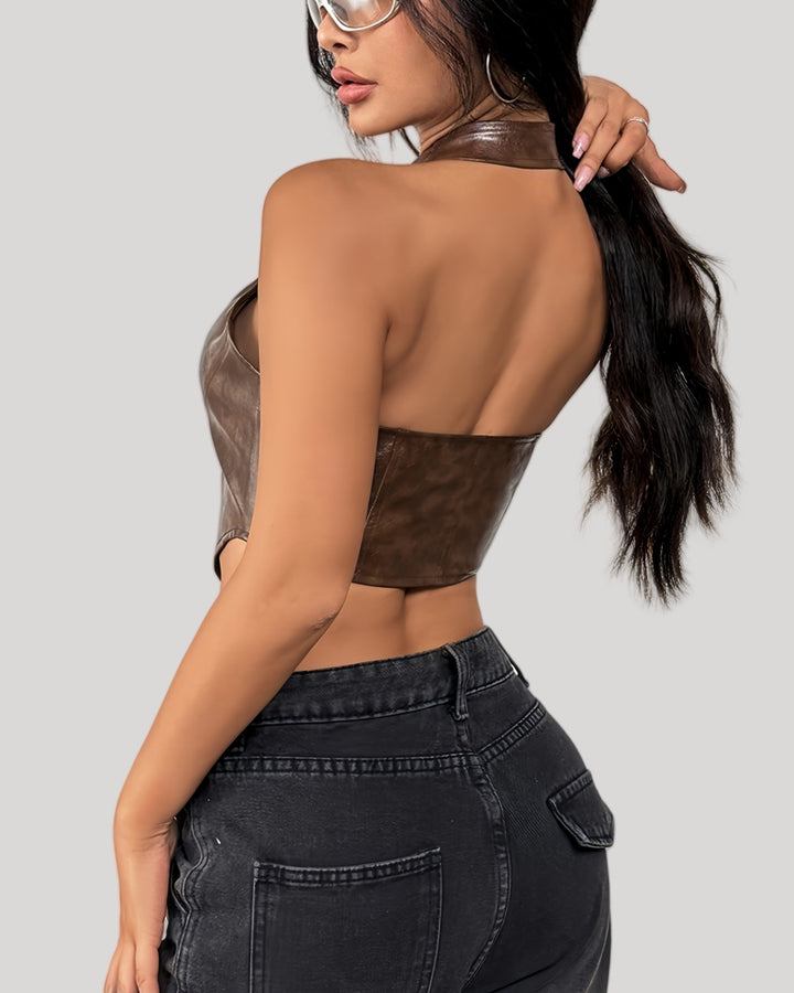 Back view of brown halter bustier showing open-back design