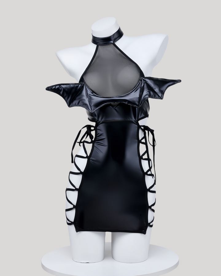 Glossy faux-leather (PVC-look) halter bodice with mesh inset