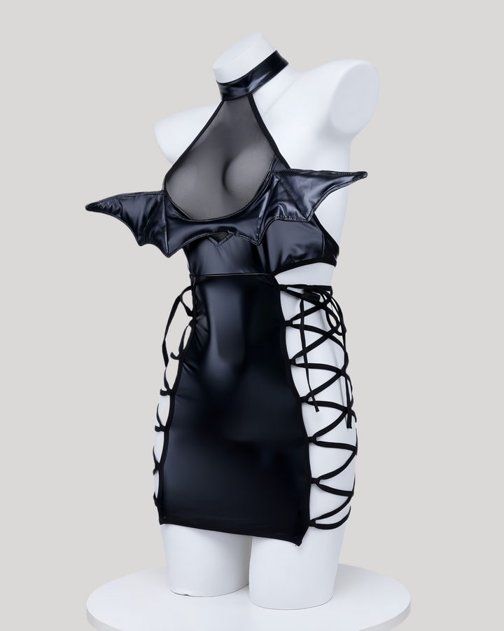 Glossy faux-leather (PVC-look) halter bodice with mesh inset