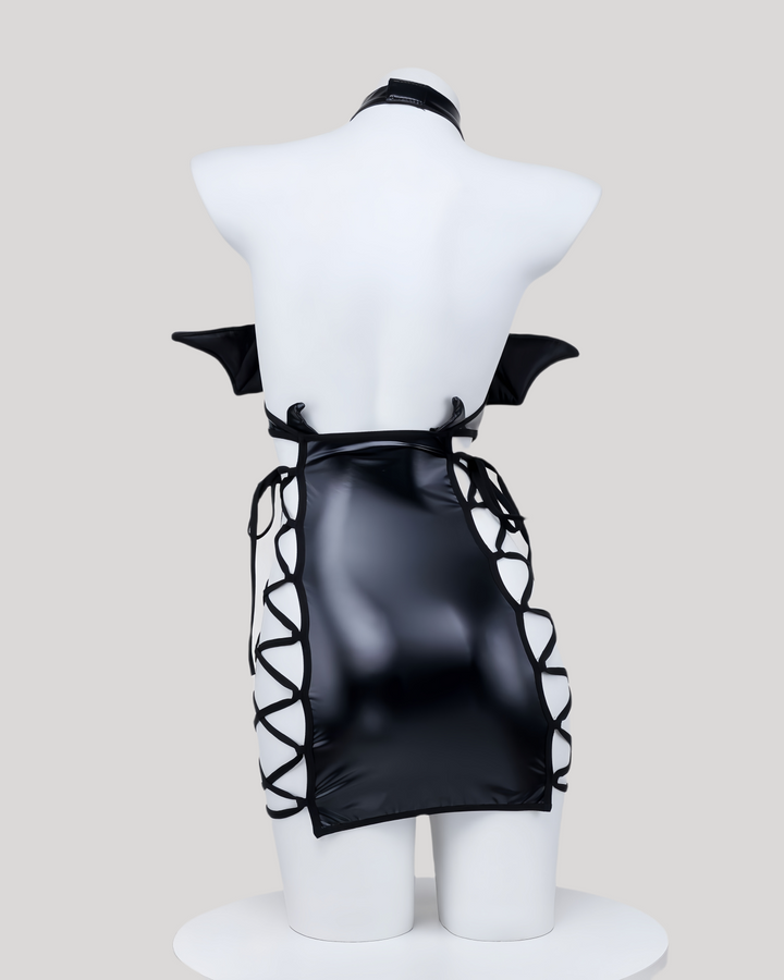 Glossy faux-leather (PVC-look) halter bodice with mesh inset