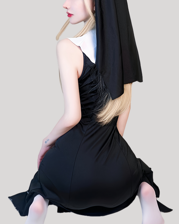 Back view showing veil and body-hugging fit of nun costume