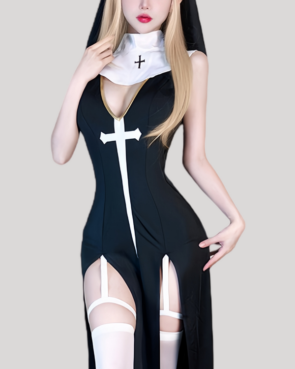 Full font view of provocative nun cosplay dress