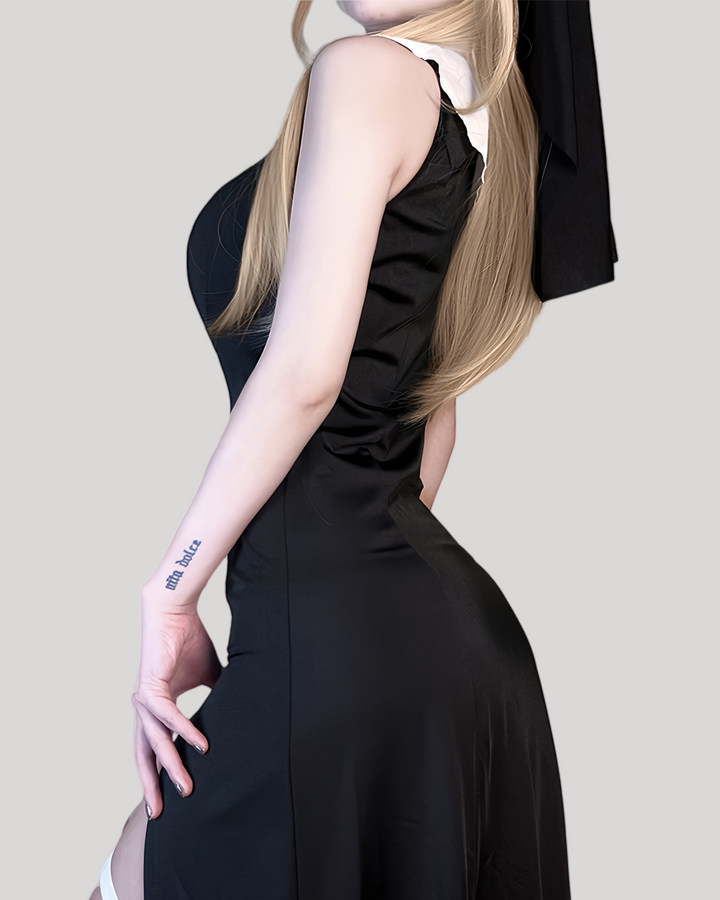 Back view showing veil and body-hugging fit of nun costume