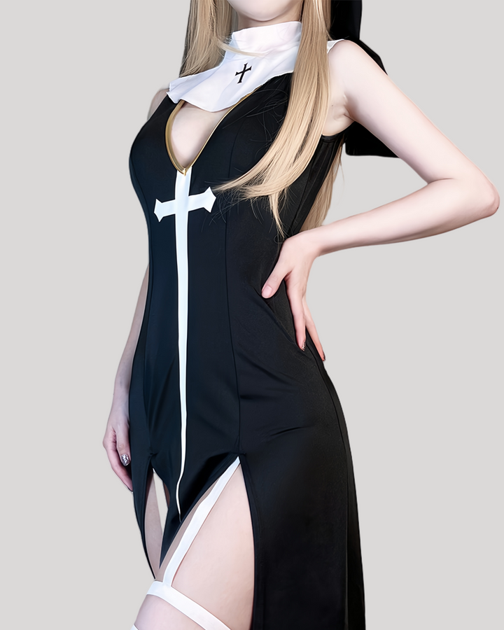Full-length frontal view of provocative nun cosplay dress