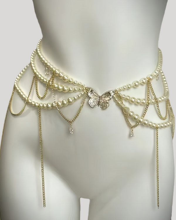Butterfly pearl tassel waist chain with layered pearls and gold chains
