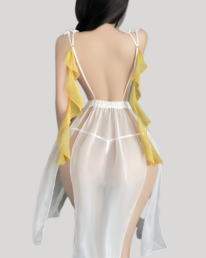 Back view of backless goddess gown with pearl waist trim