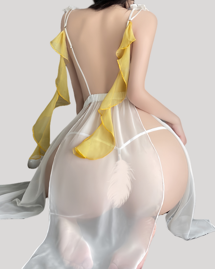 Back view of backless goddess gown with pearl waist trim