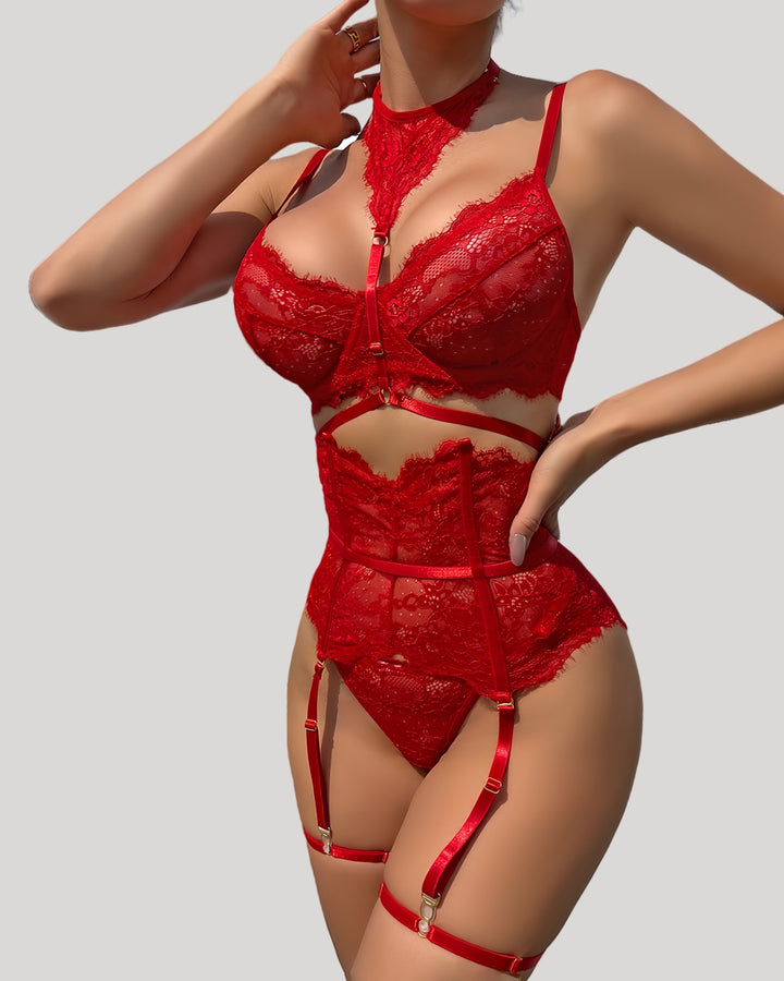 Model wearing red eyelash lace lingerie set with choker harness