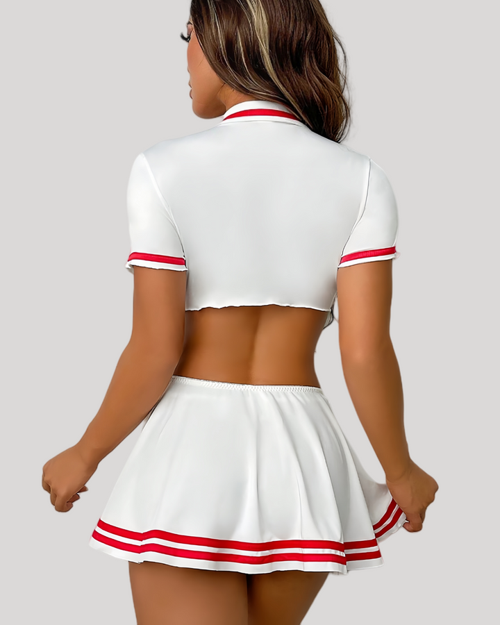 Back view of white crop top and skirt nurse outfit