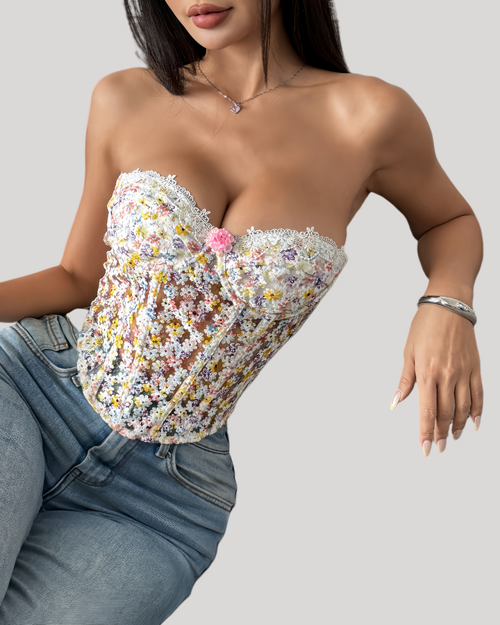 Strapless floral lace corset top with white mini skirt front view