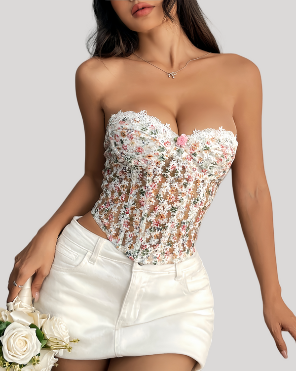 Strapless floral lace corset top with white mini skirt front view