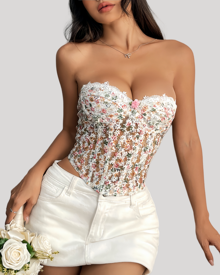 Strapless floral lace corset top with white mini skirt front view