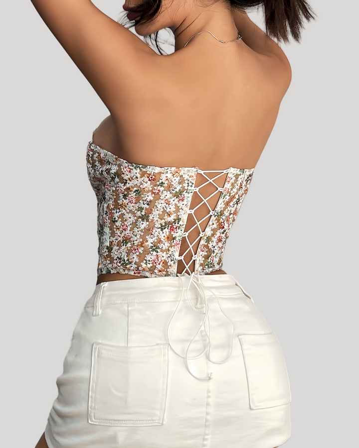 Back lace-up detail of floral corset with skirt