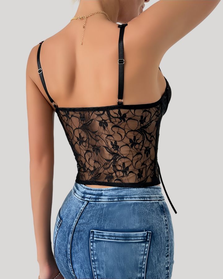 Black floral lace underwire bustier top with red underlay back view on model wearing jeans