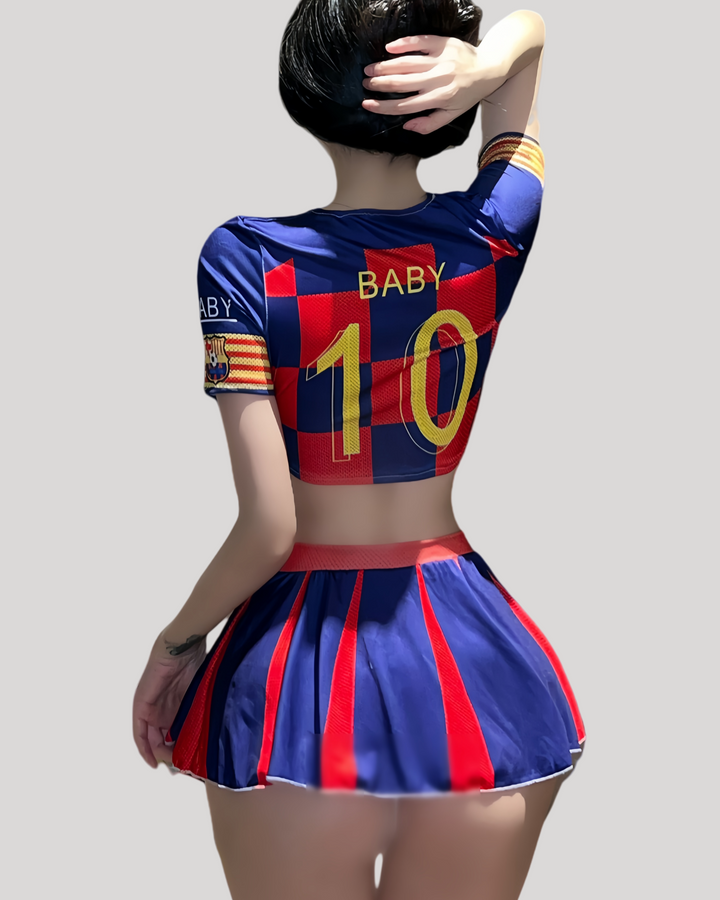 Back view of football lingerie set showing high-waist skirt and crop top details